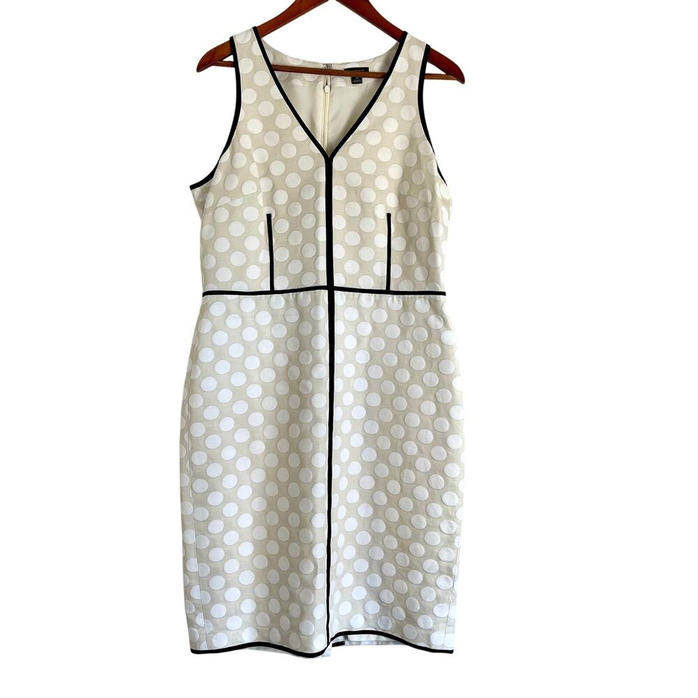 Ann Taylor Cream Tan Beige White Polka Dot Sleeveless Sheath Career Dress Sz 10 - Picture 2 of 5